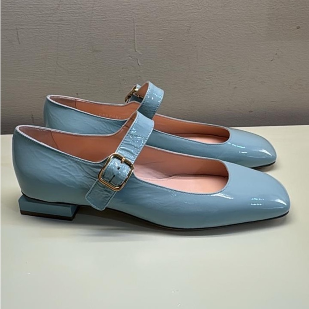 AGL made in Italy leather Light Blue Patent Mary Jane Flats with Gold Buckle